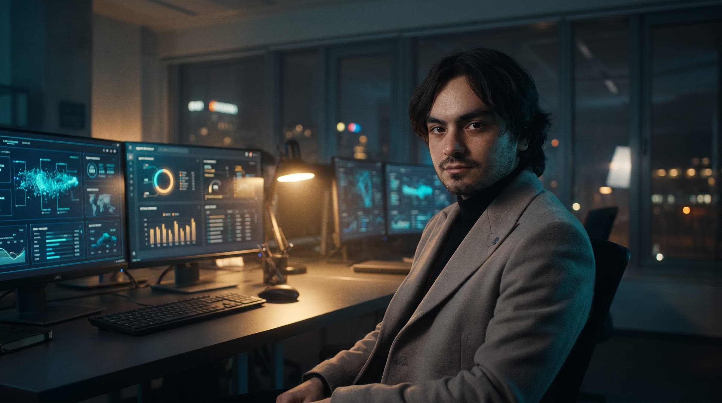 Burak Şen loş bir stüdyoda, ajan panolarının açık olduğu ekranların başında